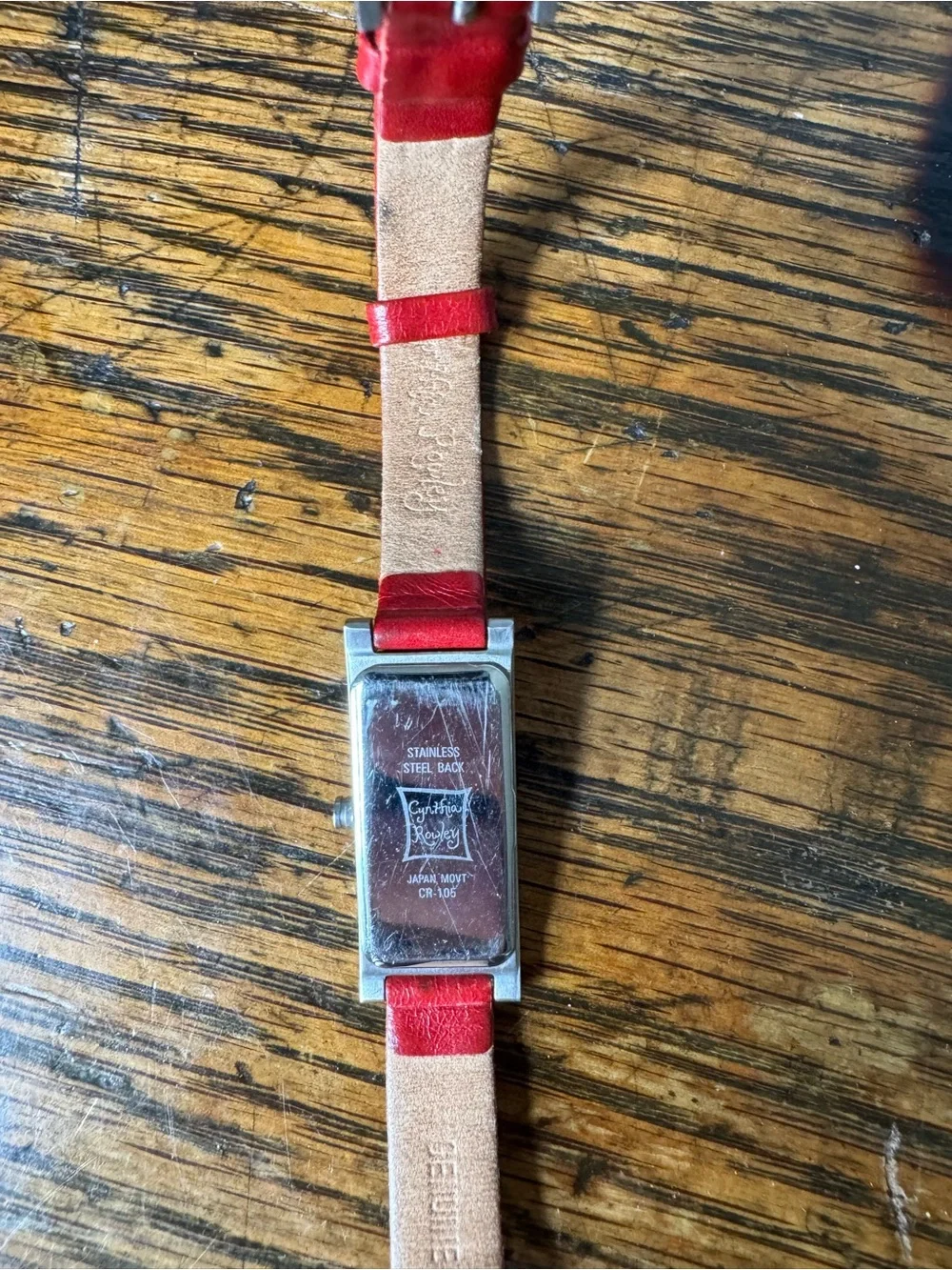 Cynthia Rowley Red Strap Rectangular Watch with Multicolor Stripe Face